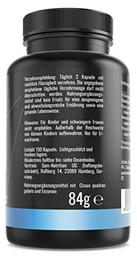 GYM-NUTRITION® — Cissus Plus – Cissus Quadrangularis – Cissus-Extrakt mit Vitamin K2 – beliebt bei Verletzungen an Gelenk Muskel, Sehne, Bänder — vegan hochdosiert Made in Germany — 120 Kapseln - 3